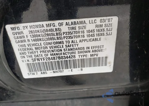 2007 Honda Pilot Ex z USA, uszkodzony, nr VIN 5FNYF28487B034428